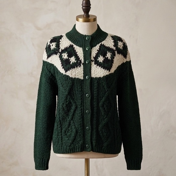 Vintage Jamie Scott Hand Knit Cardigan Fair Isle Cable Knit Sweater L - Picture 2 of 10
